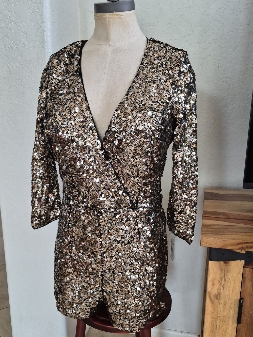 Midnight Doll Plunge V Neck, Sequin Romper Shorts Sz Small